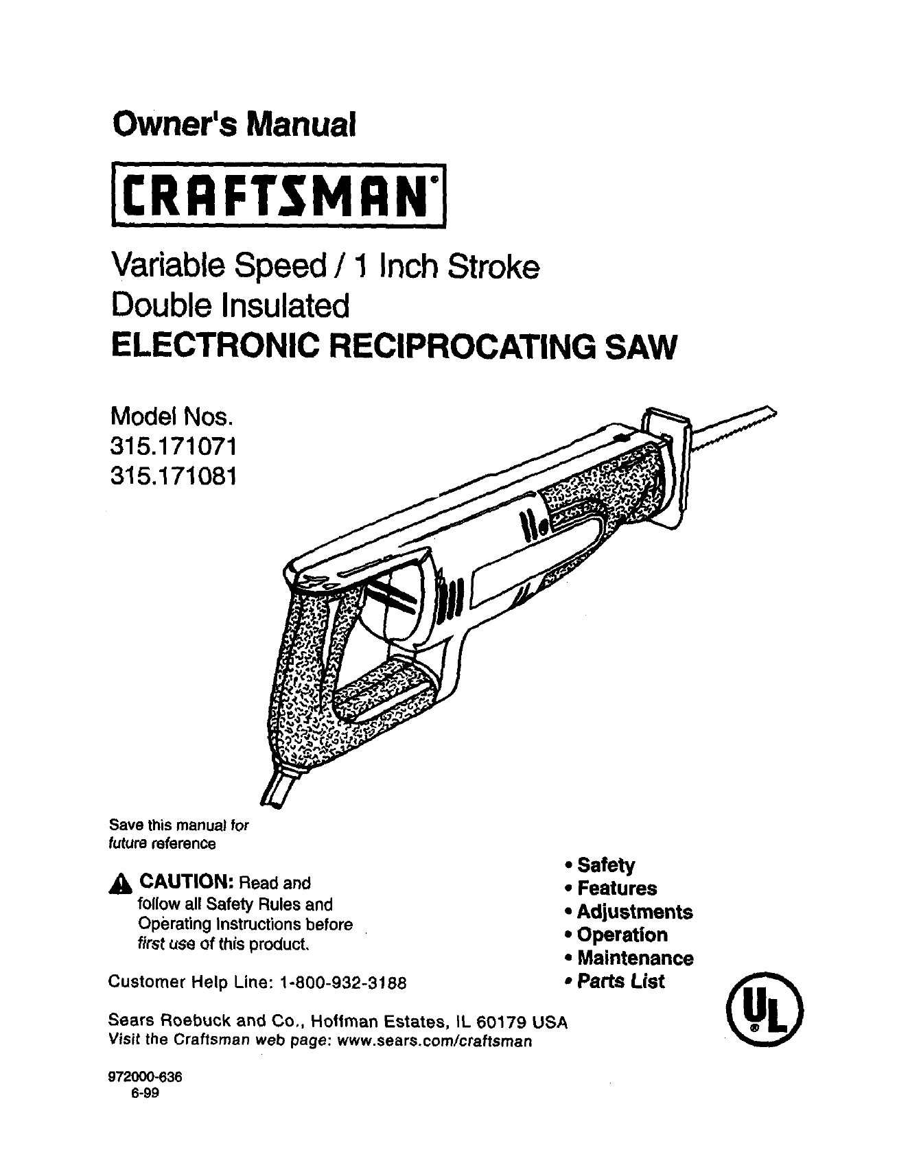 Craftsman 315171071 User Manual RECIPROCATION SAW Manuals And Guides L9090338