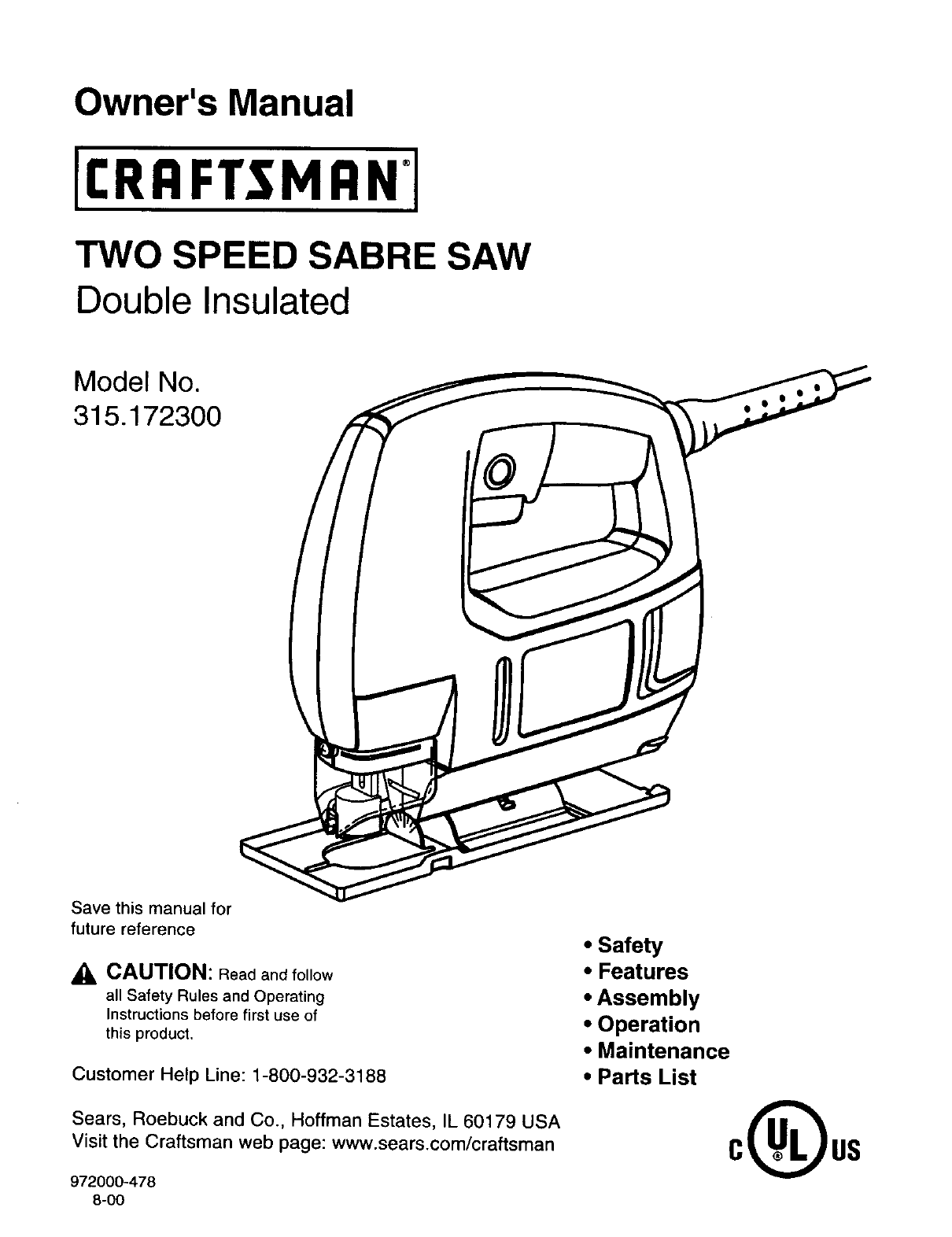 Craftsman 315172300 User Manual SABRE SAW Manuals And Guides L0010533