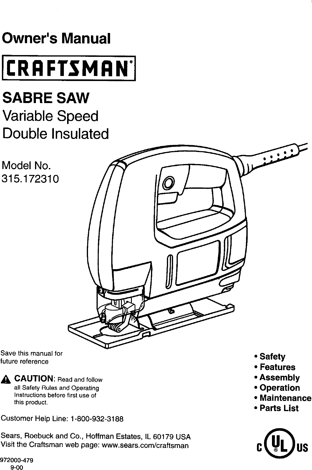 Craftsman 315172310 User Manual VARIABLE SPEED SABRE SAW Manuals And