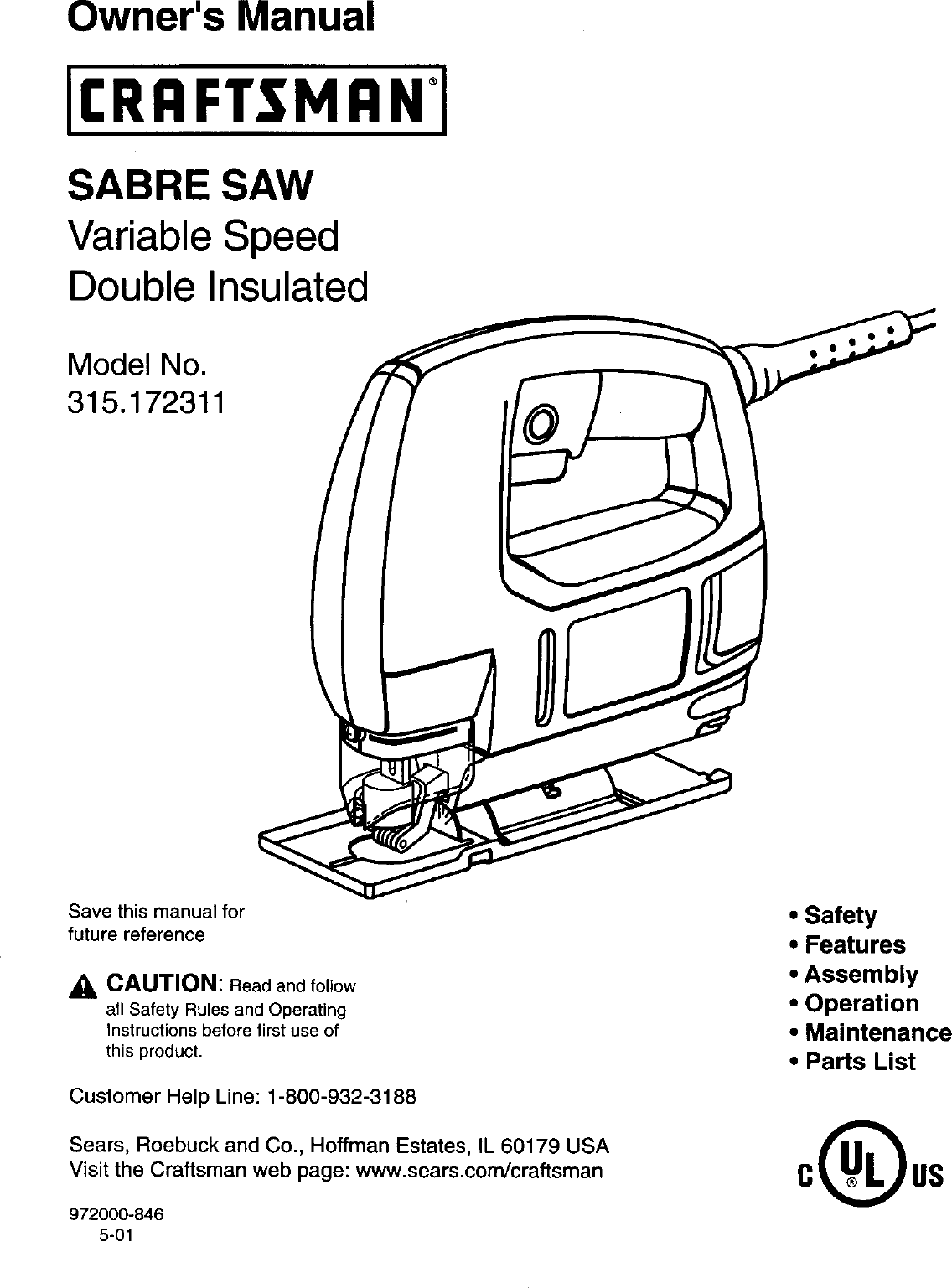 Craftsman 315172311 User Manual SABRE SAW Manuals And Guides L0111151