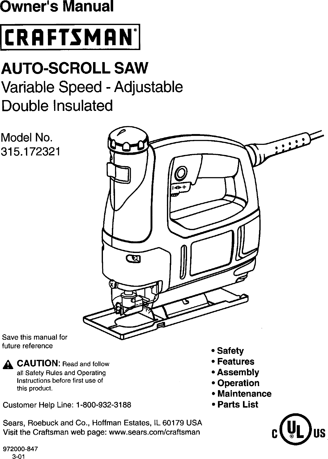 Craftsman 315172321 User Manual SCROLL SAW Manuals And Guides L0110165