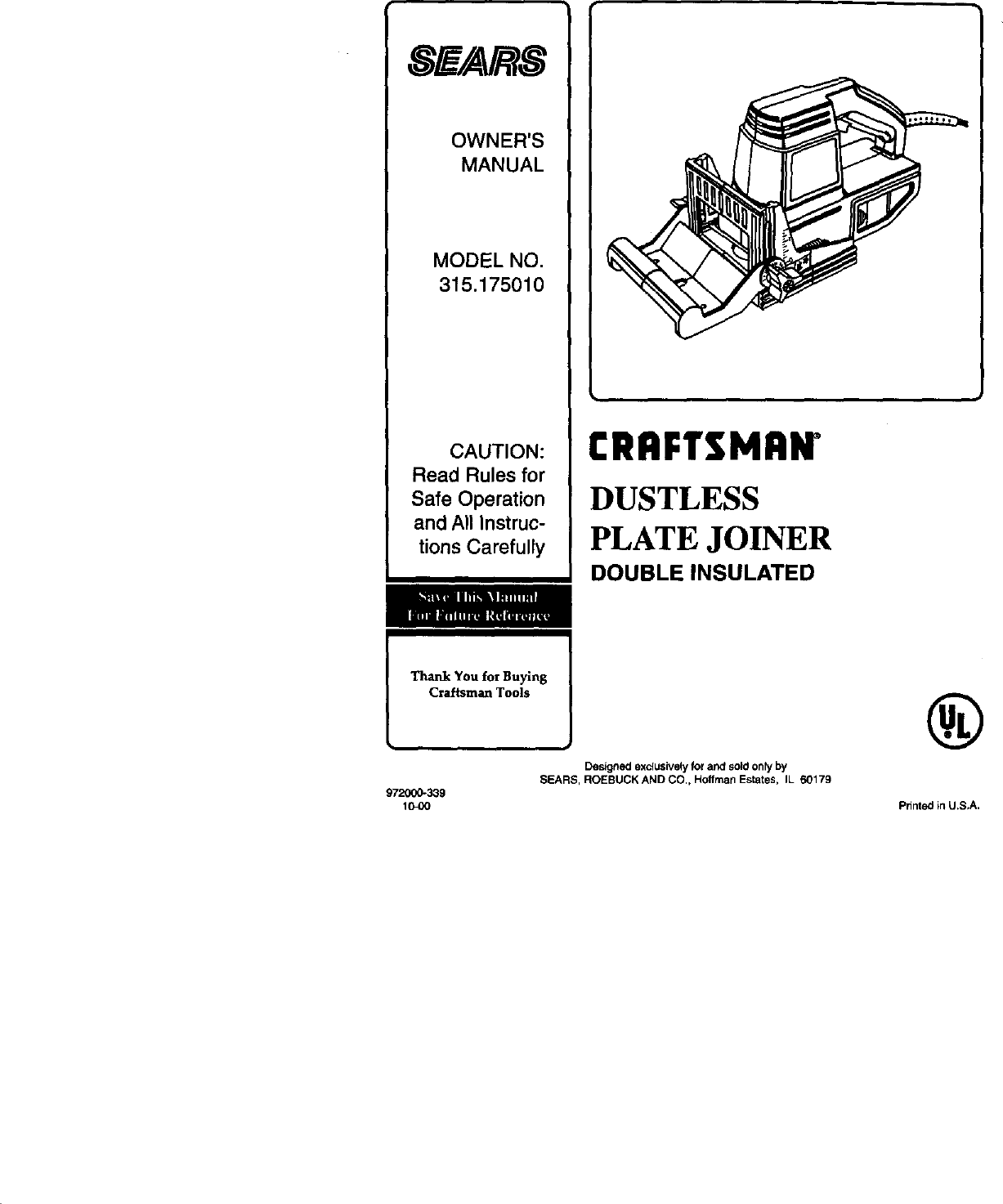 Craftsman 315175010 User Manual PLATE JOINER Manuals And Guides L0011170