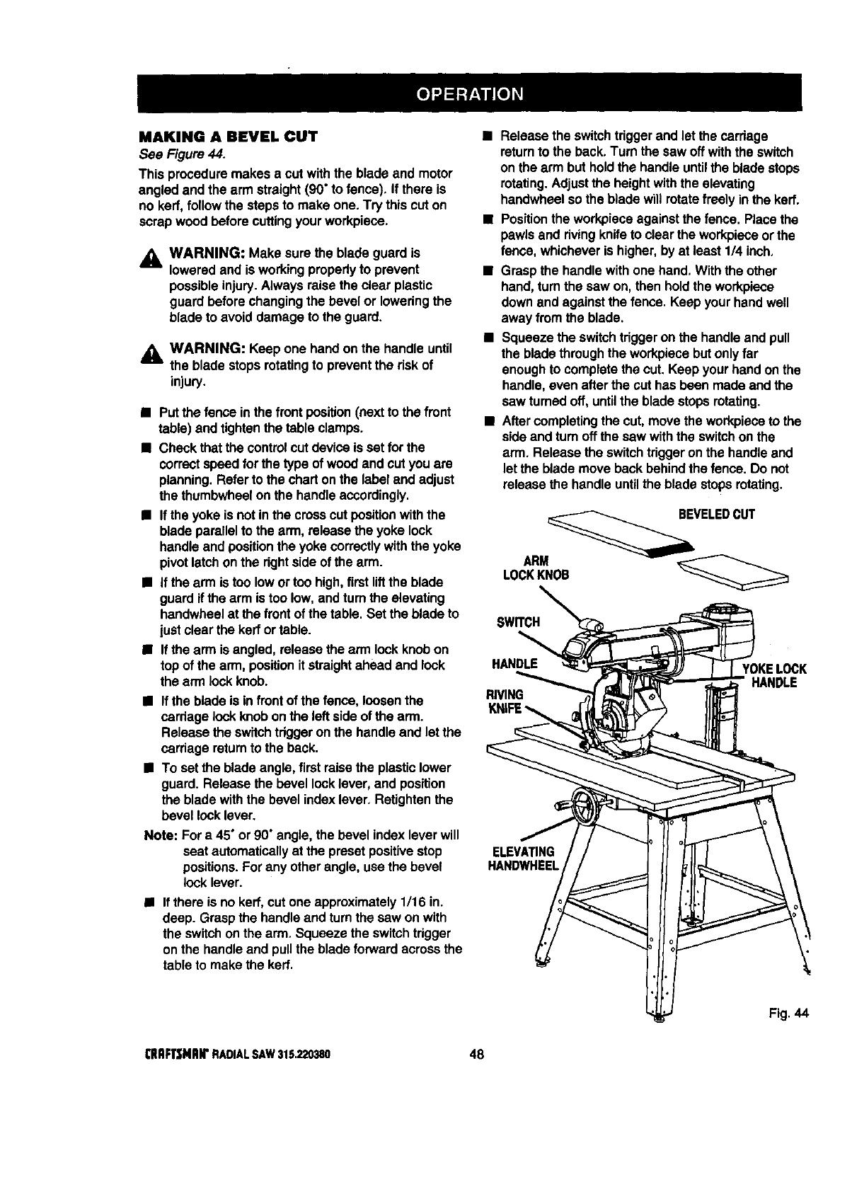 Craftsman 315220380 User Manual 10 IN. STATIONARY RADIAL ARM SAW