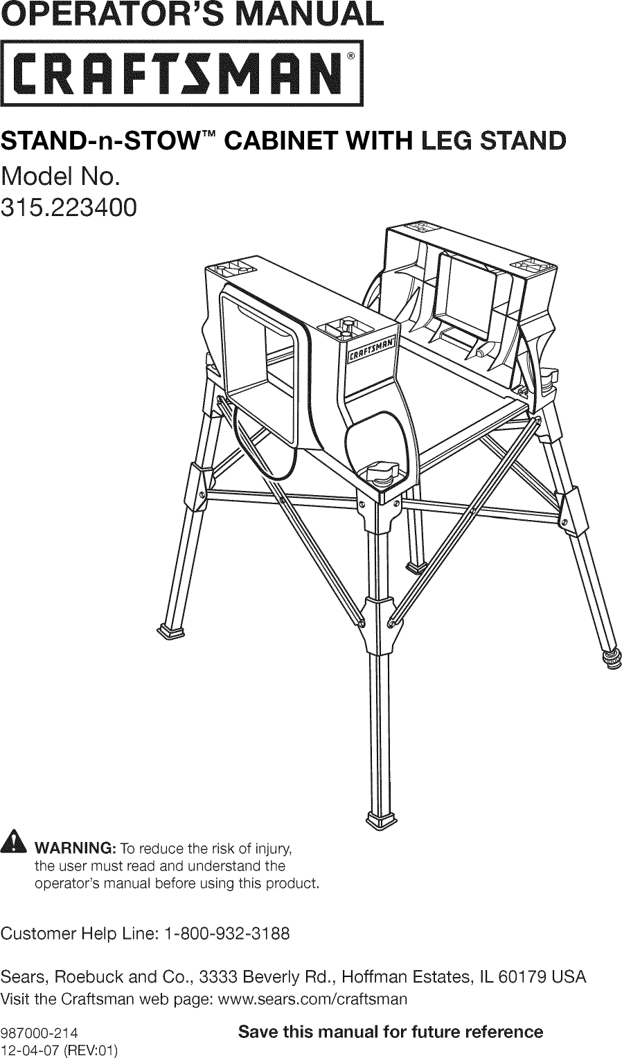 Page 1 of 6 - Craftsman 315223400 User Manual  STAND-N-STOW CABINET - Manuals And Guides L0905113