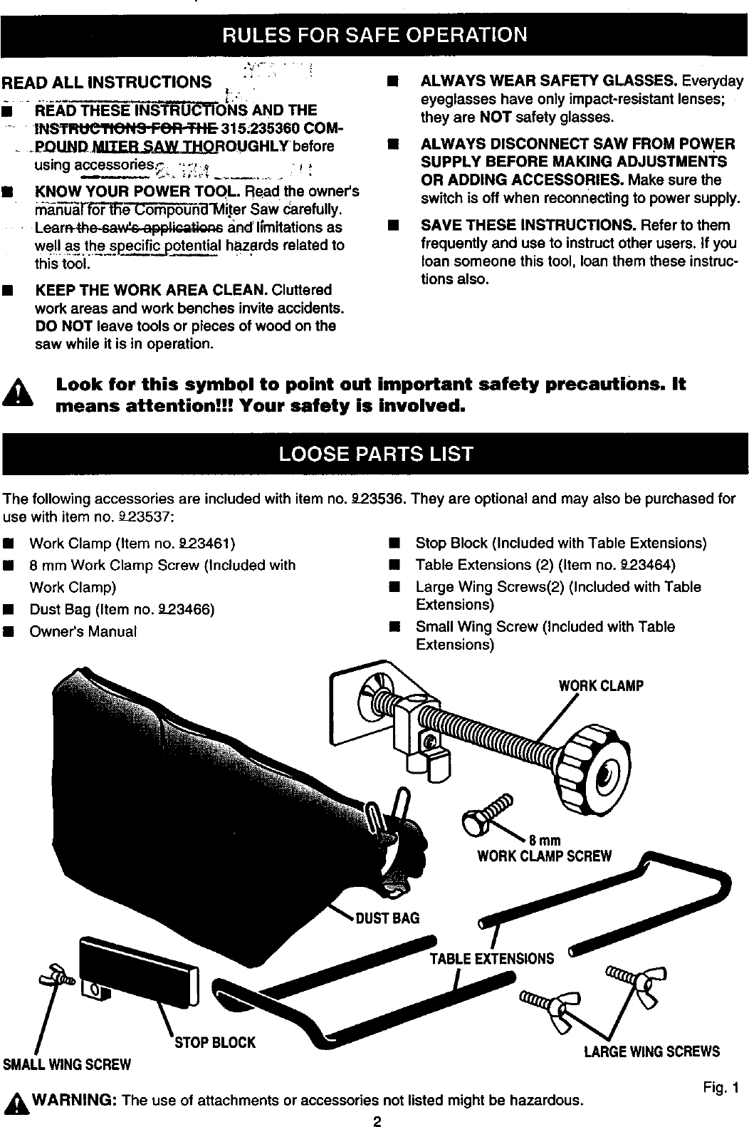 Page 2 of 4 - Craftsman 315235360 User Manual  ACCESSORIES FOR COMPOUND MITER SAW - Manuals And Guides 98110088