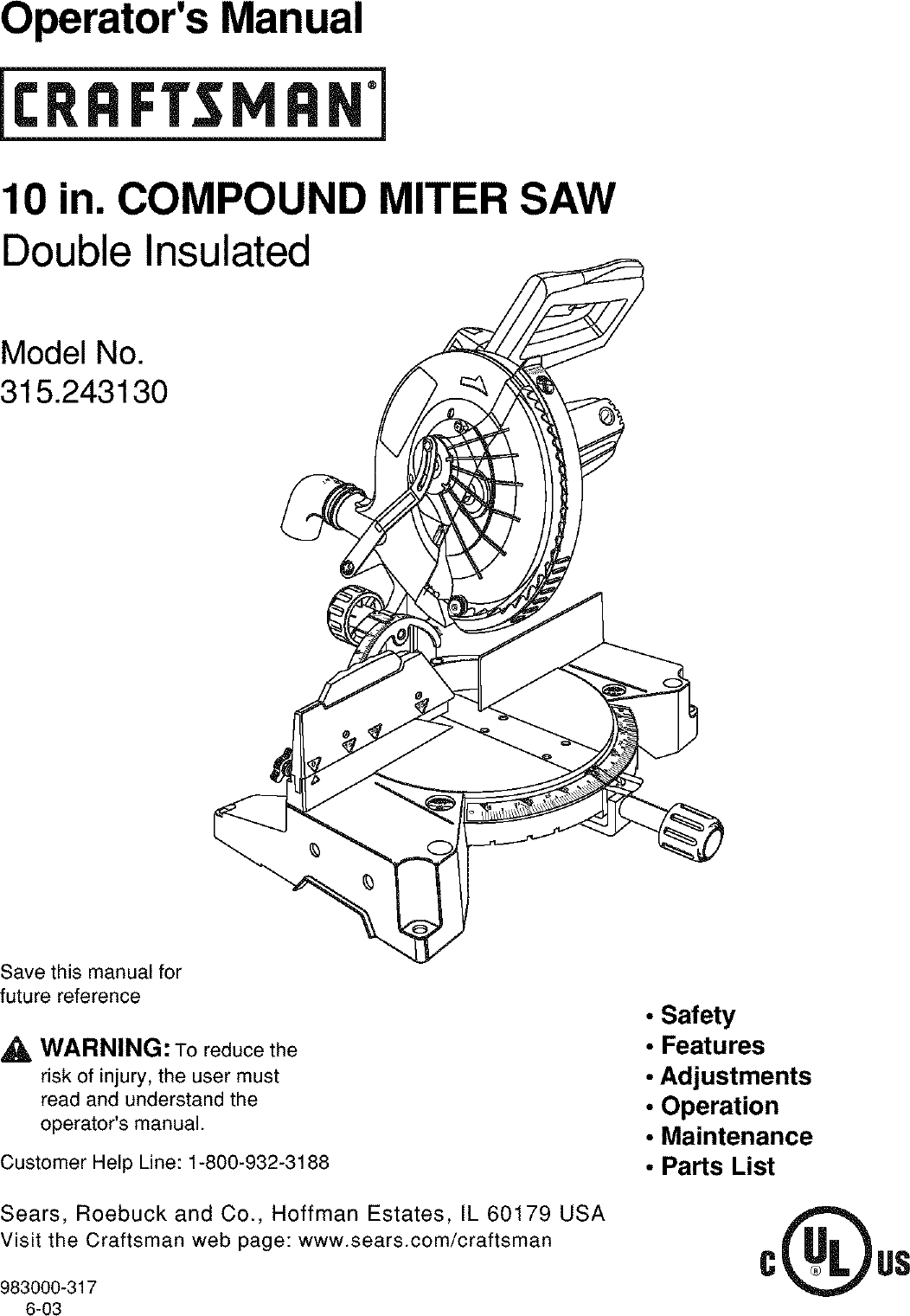 Craftsman 315243130 User Manual MITER SAW Manuals And Guides L0310475