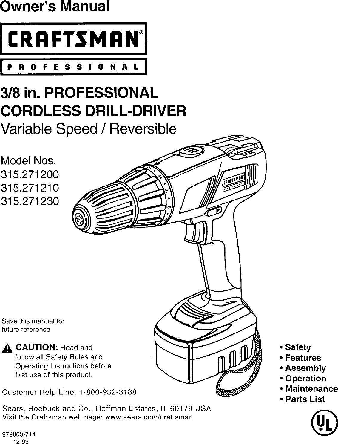 Craftsman 315271200 User Manual CORDLESS DRILL Manuals And Guides L0040041