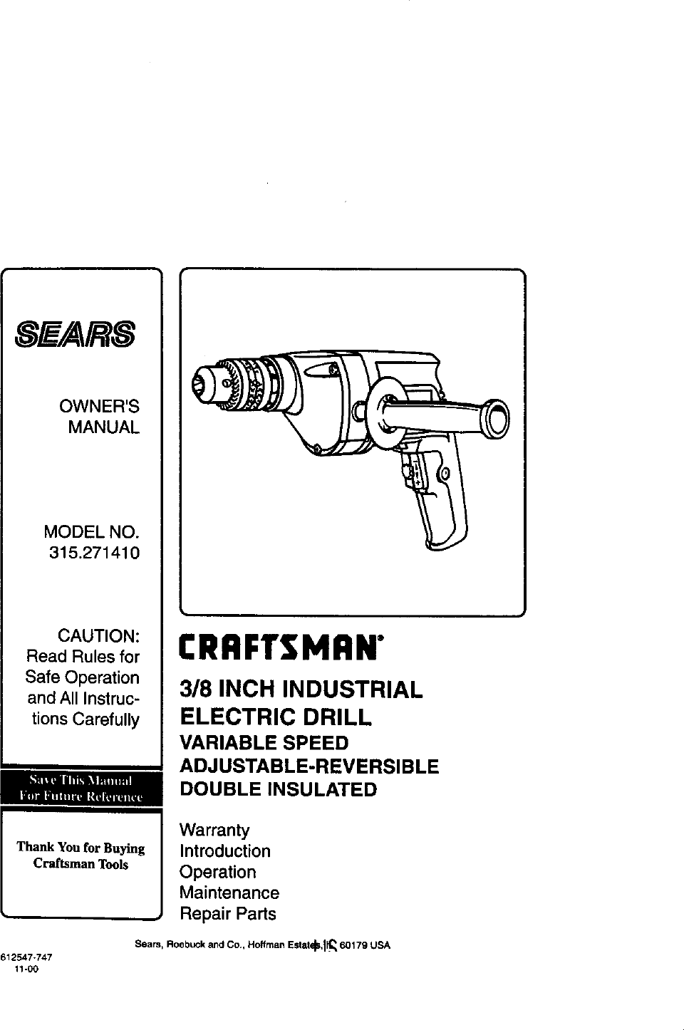 Craftsman 315271410 User Manual 3/8 ELECTRIC DRILL Manuals And Guides