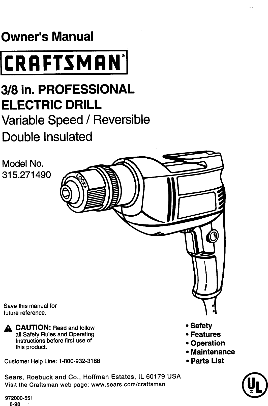 Craftsman 315271490 User Manual 3/8 In. PROFESSIONAL ELECTRIC DRILL