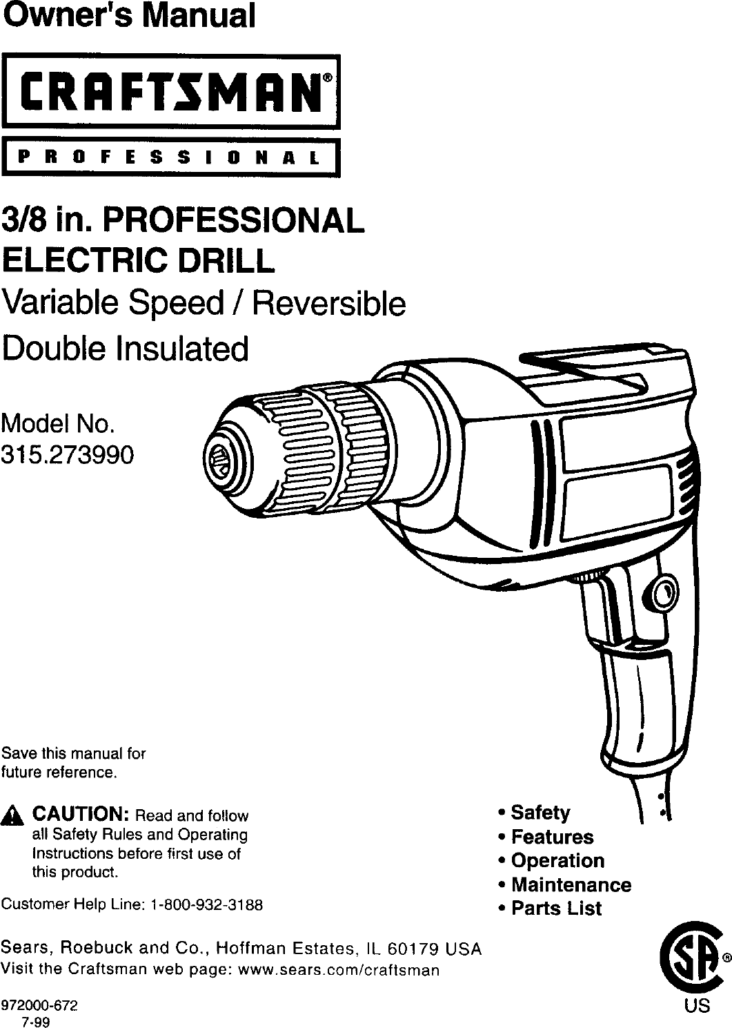 Craftsman 315273990 User Manual 3/8 PROFESSIONAL ELECTRIC DRILL Manuals