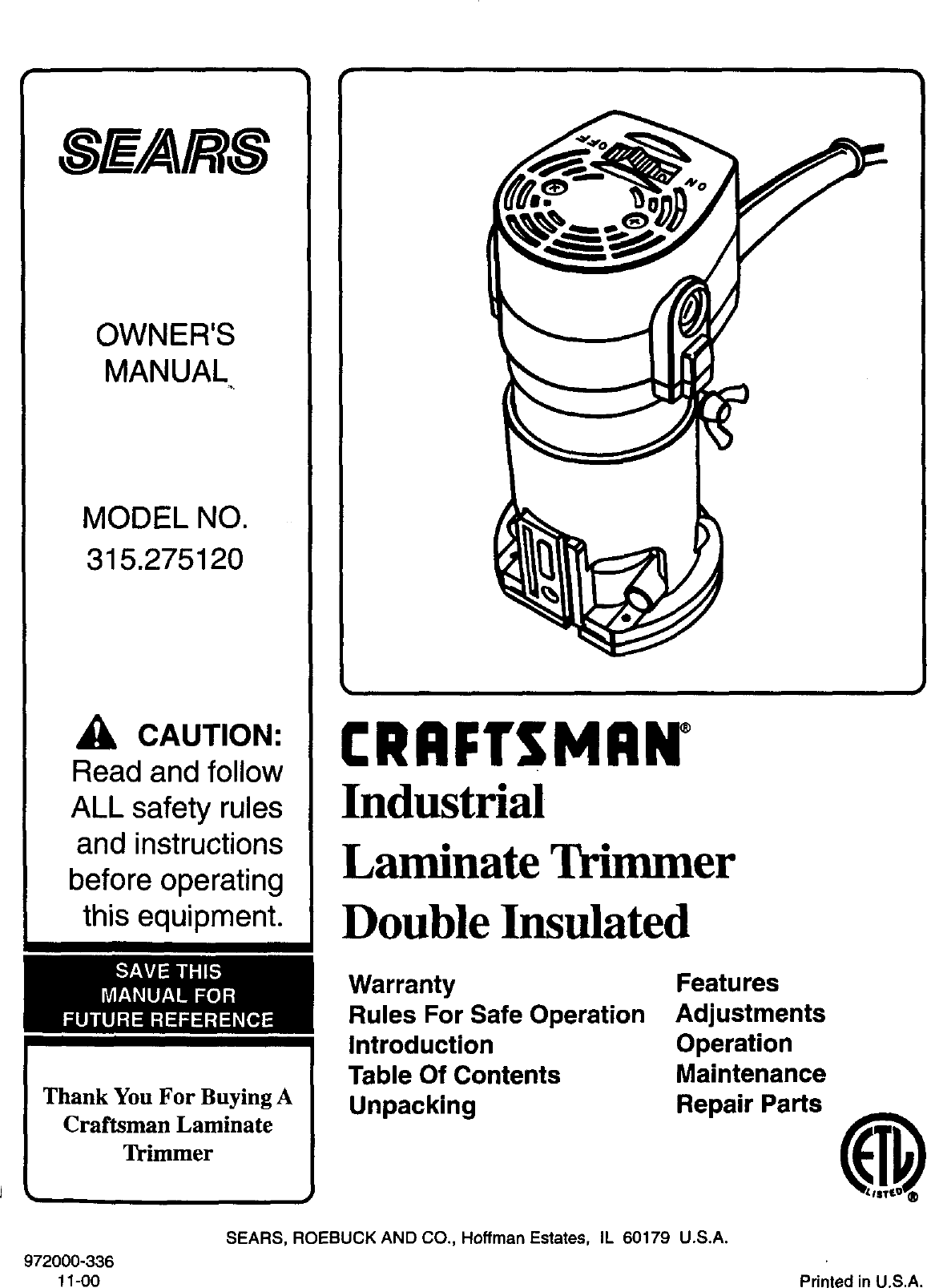 Craftsman 315275120 User Manual LAMINATE TRIMMER Manuals And Guides