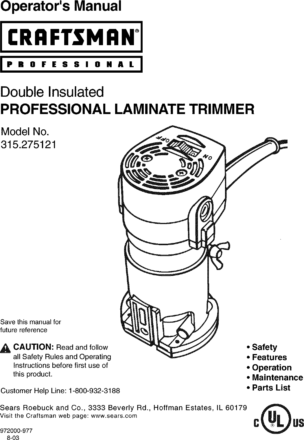 Craftsman 315275121 User Manual LAMINATE TRIMMER Manuals And Guides