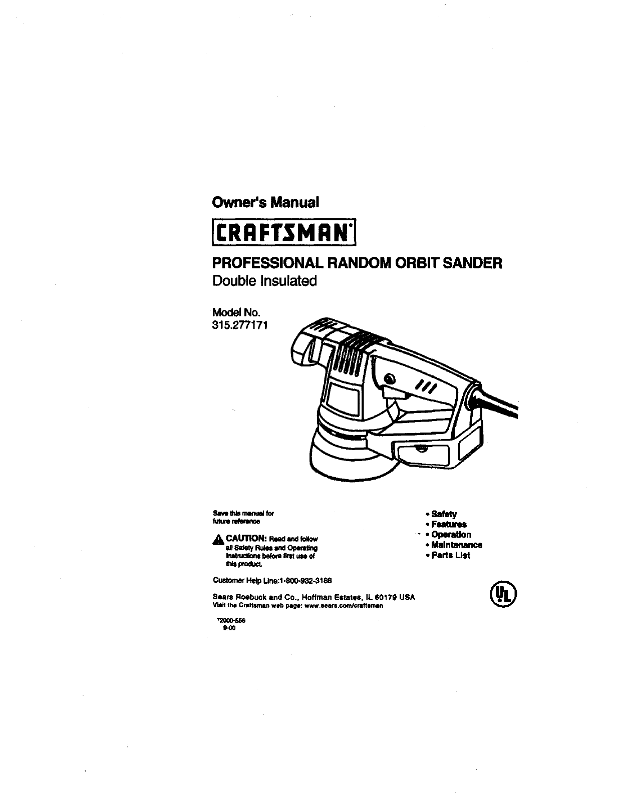 Craftsman 315277171 User Manual PROFESSIONAL RANDOM ORBIT SANDER ...