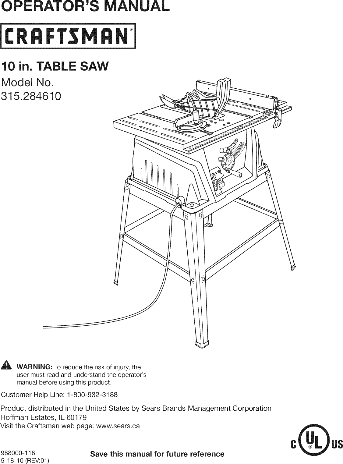 Craftsman 315284610 User Manual 10 TABLE SAW Manuals And Guides 1006850L