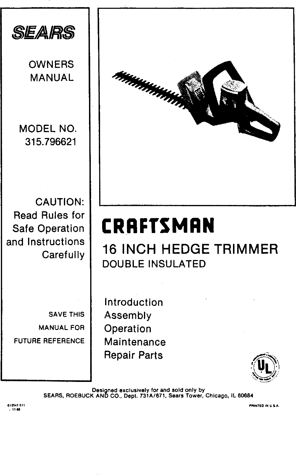 Page 1 of 8 - Craftsman 315796621 User Manual  HEDGE TRIMMER - Manuals And Guides L0605452