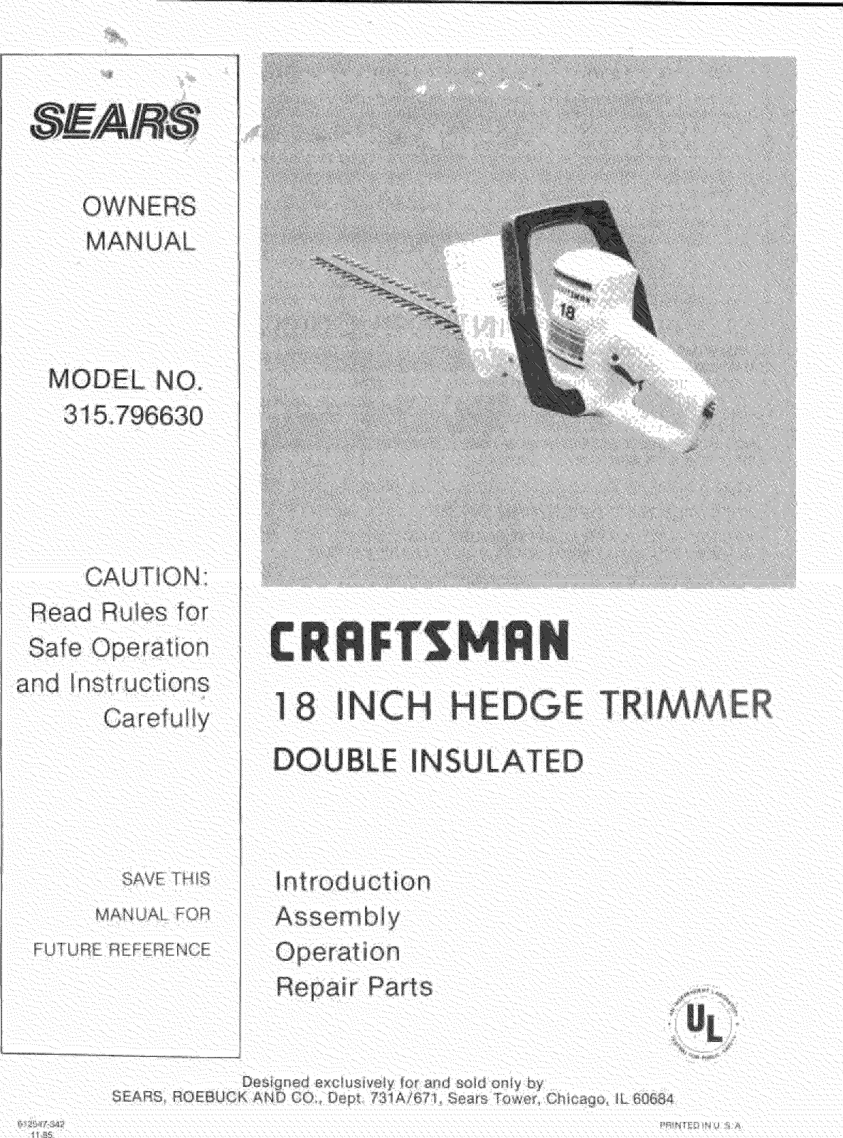 Page 1 of 8 - Craftsman 315796630 User Manual  18 INCH HEDGE TRIMMER - Manuals And Guides L1004361