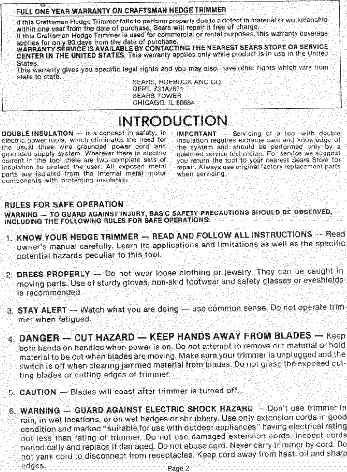 Page 2 of 8 - Craftsman 315796630 User Manual  18 INCH HEDGE TRIMMER - Manuals And Guides L1004361