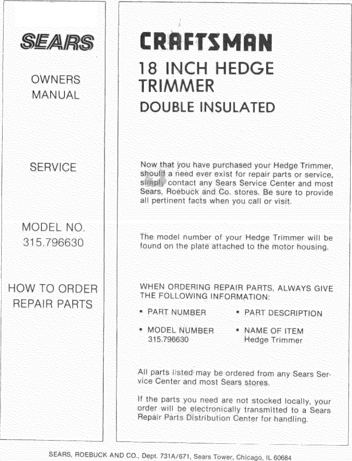 Page 8 of 8 - Craftsman 315796630 User Manual  18 INCH HEDGE TRIMMER - Manuals And Guides L1004361