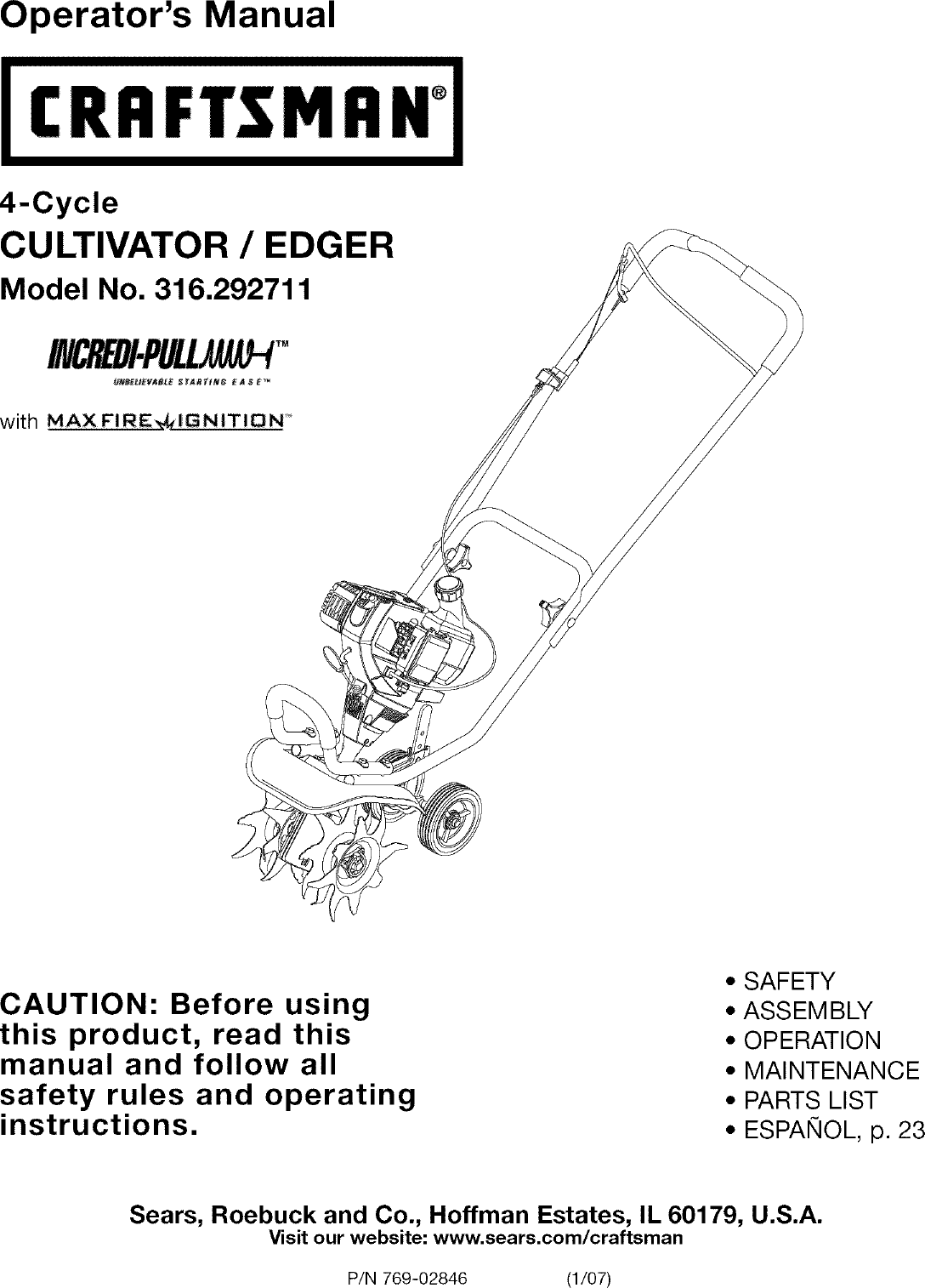 Craftsman 316292711 User Manual CULTIVATOR/EDGER Manuals And Guides