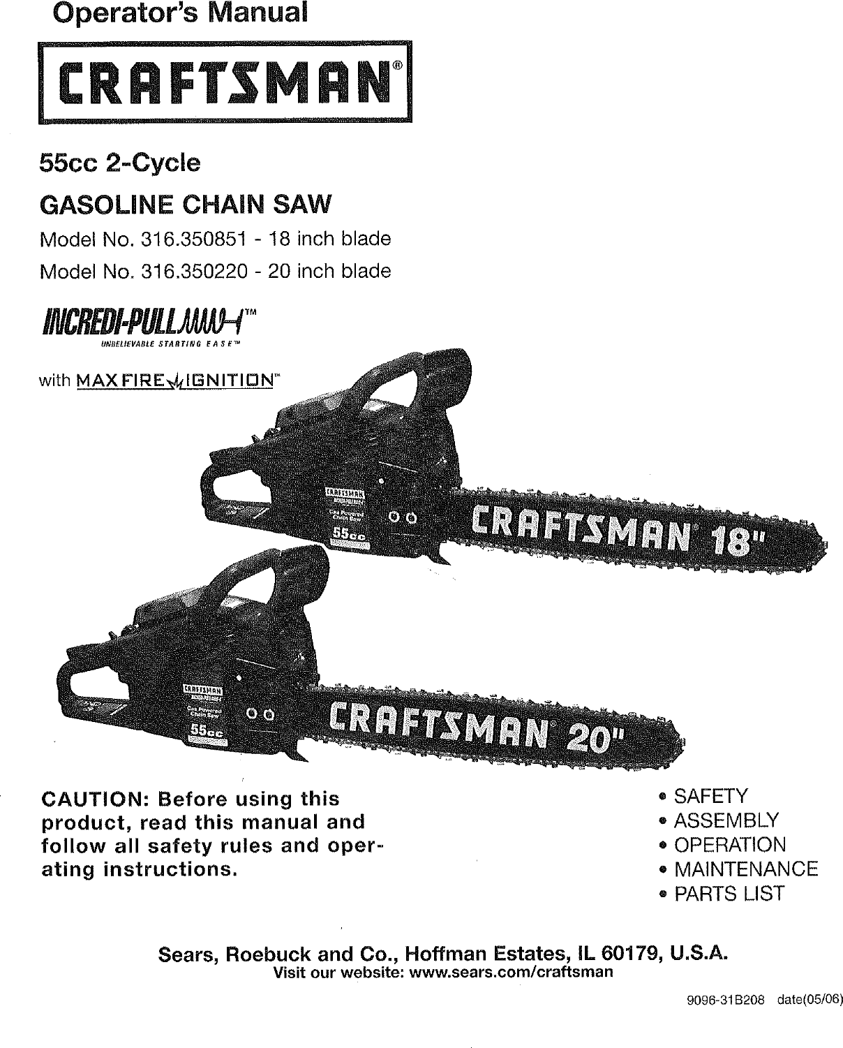 Craftsman 316350220 User Manual CHAIN SAW Manuals And Guides L0611378