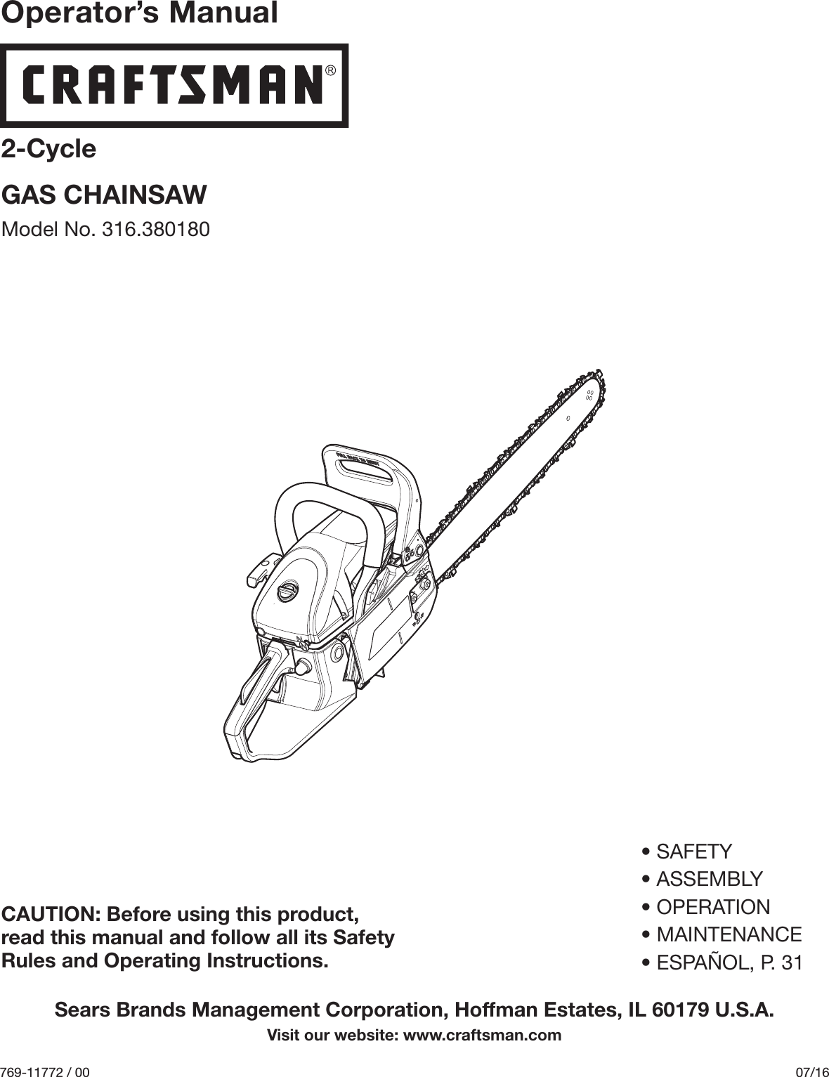 Craftsman 316380180 Sears User Manual GAS CHAINSAW Manuals And Guides ...