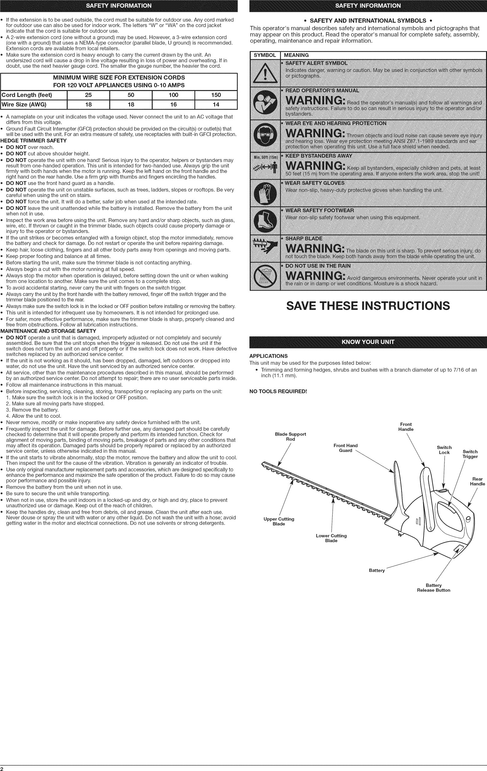 Page 2 of 12 - Craftsman 31664583 1105008L User Manual  HEDGE TRIMMER - Manuals And Guides