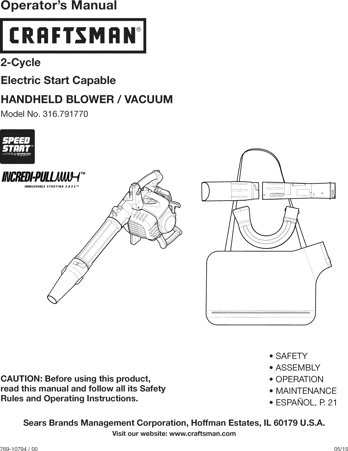 Craftsman 316791770 User Manual BLOWER Manuals And Guides 1506321L