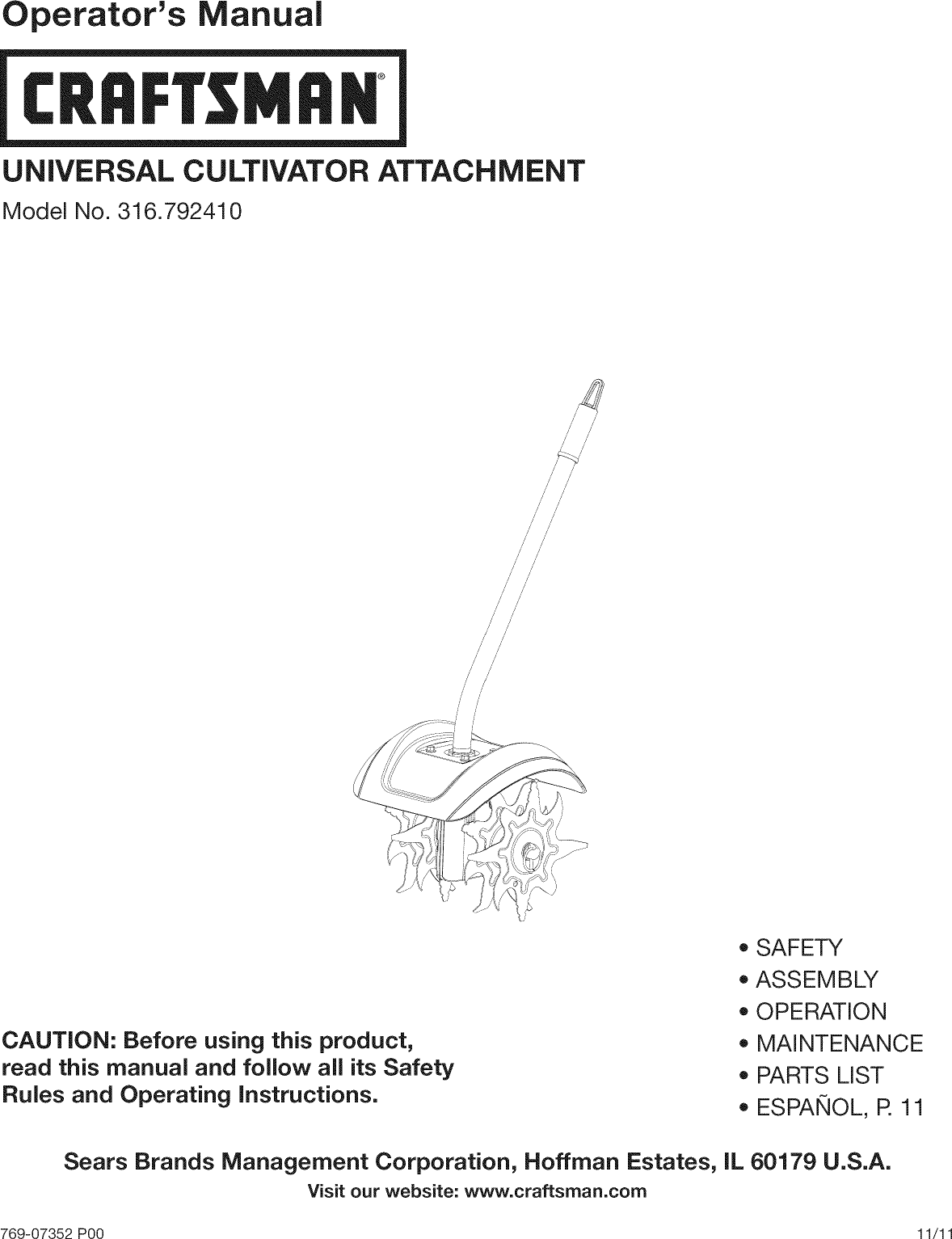 Craftsman 316792410 1201044L User Manual CULTIVATOR ATTACHMENT Manuals