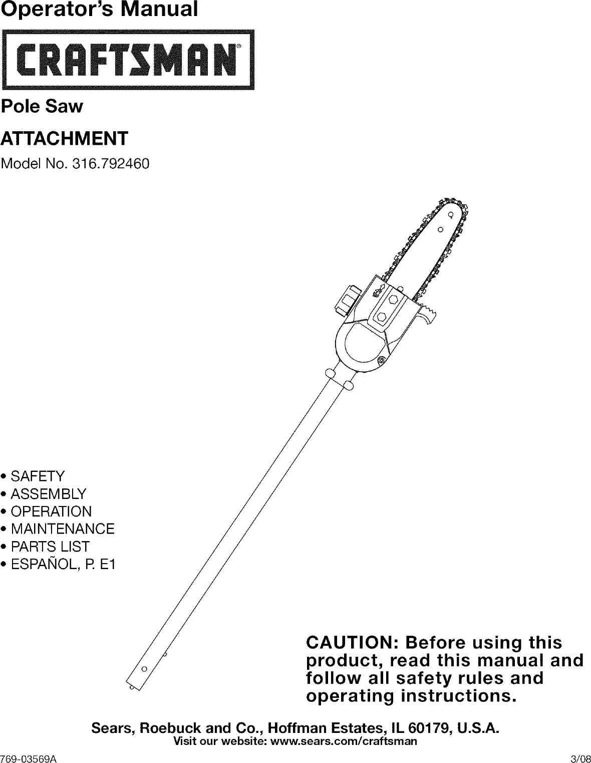 Craftsman 316792460 User Manual POLE SAW ATTACHMENT Manuals And Guides