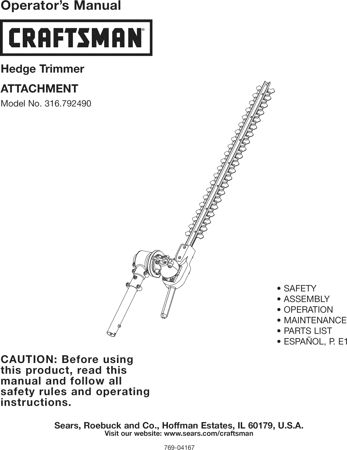 Craftsman 316792490 User Manual HEDGE TRIMMER Manuals And Guides L1004245
