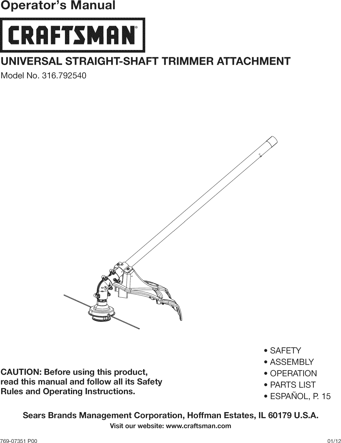 Craftsman 316792540 1201418L User Manual STRAIGHT SHAFT TRIMMER