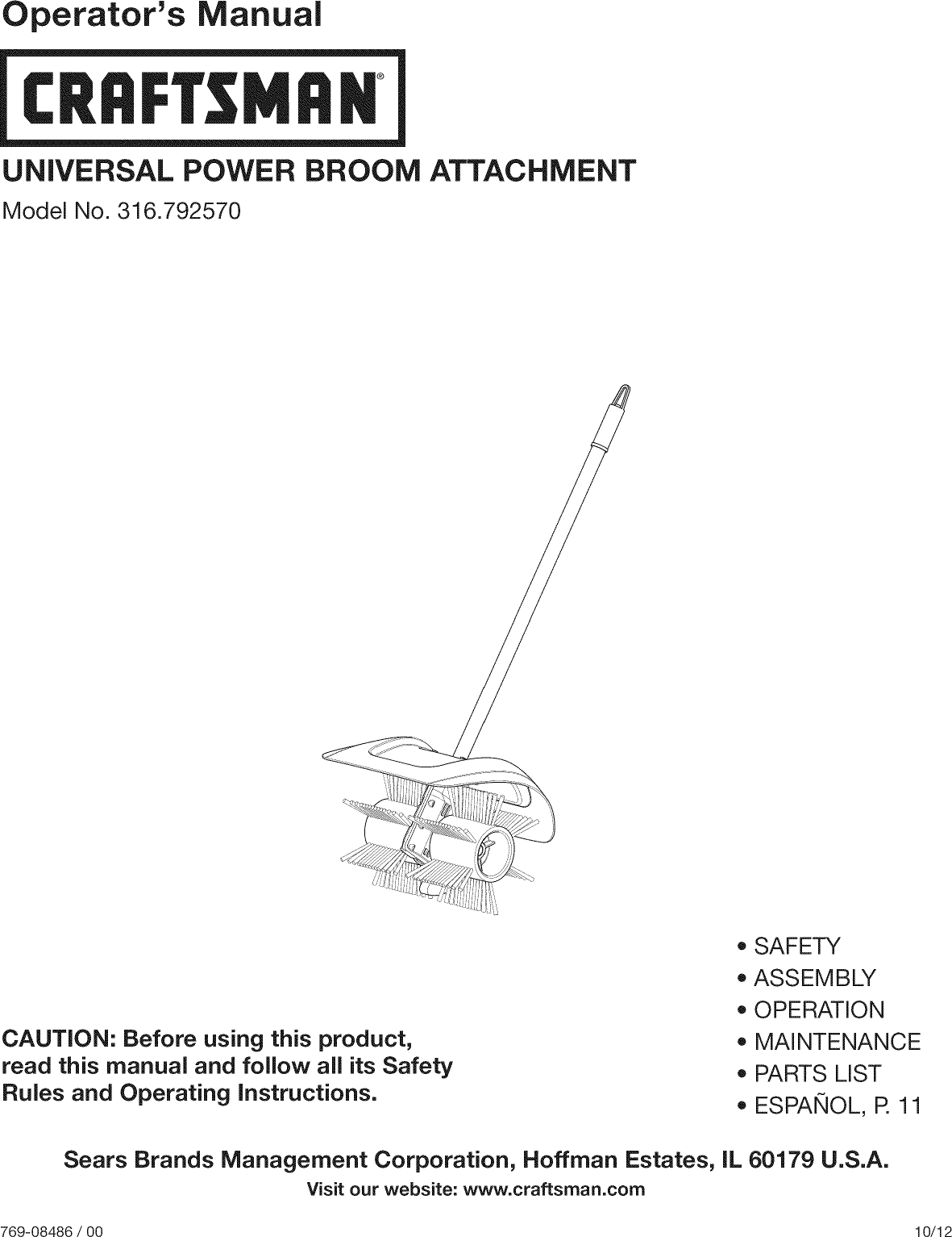 Craftsman 316792570 1212362L User Manual POWER BROOM ATTACHMENT Manuals