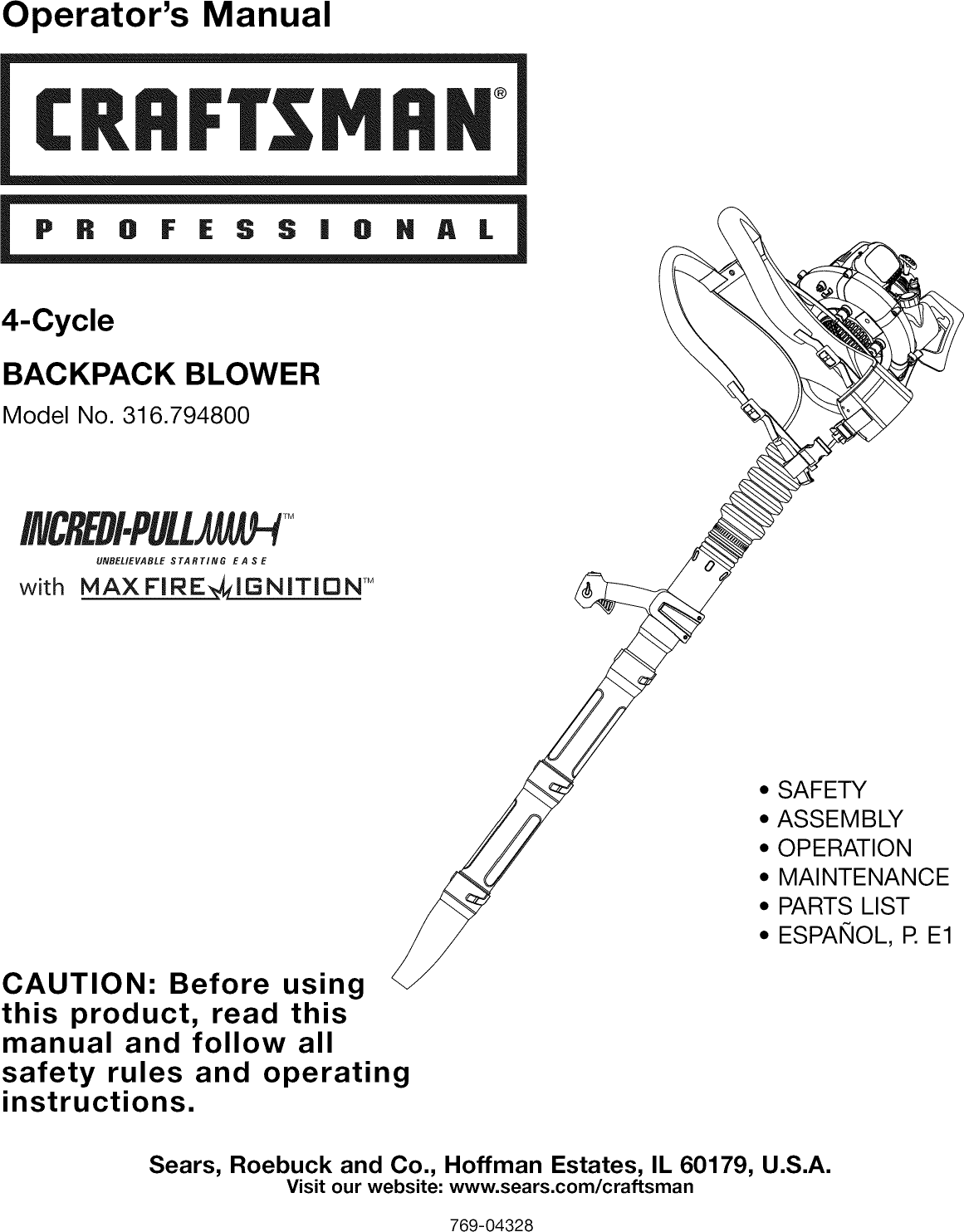 Craftsman 316794800 User Manual BACKPACK BLOWER Manuals And Guides L0809104