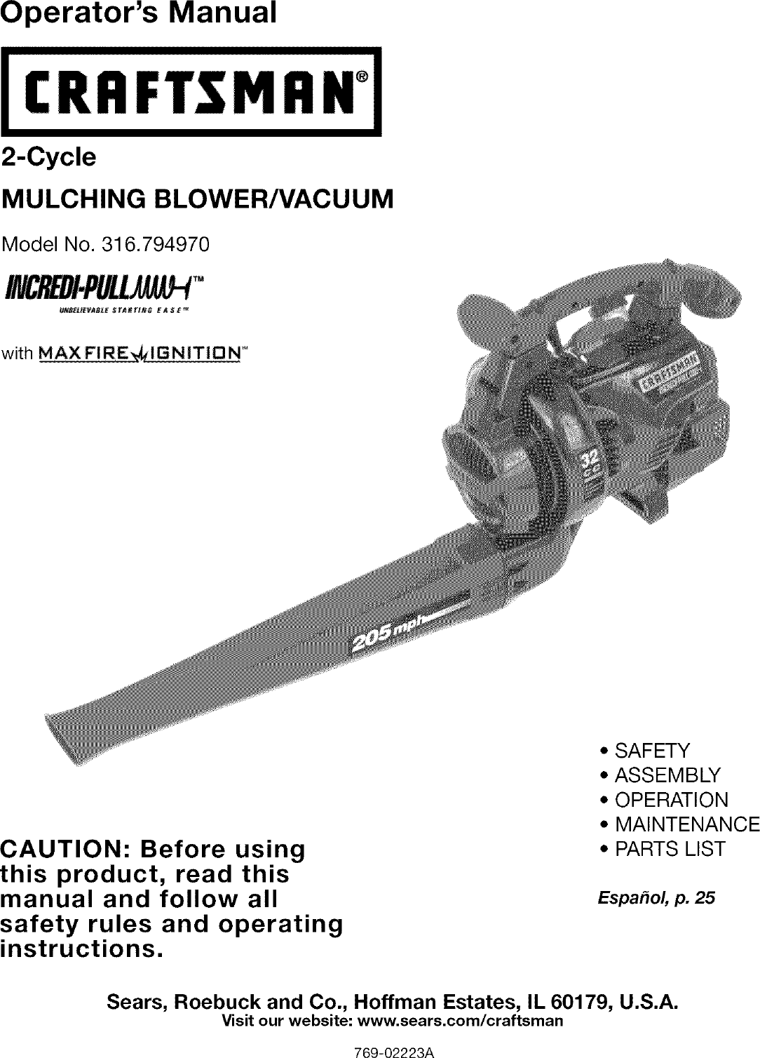 Craftsman 316794970 User Manual BLOWER/VACUUM Manuals And Guides L0707143