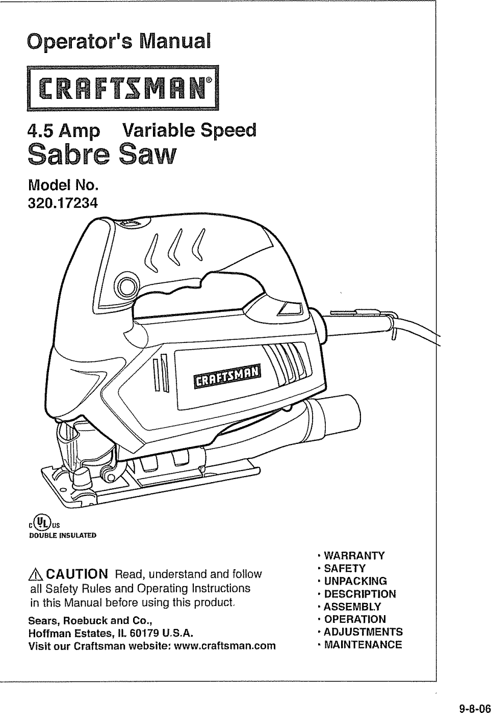 Craftsman 32017234 User Manual SABRE SAW Manuals And Guides L0910365