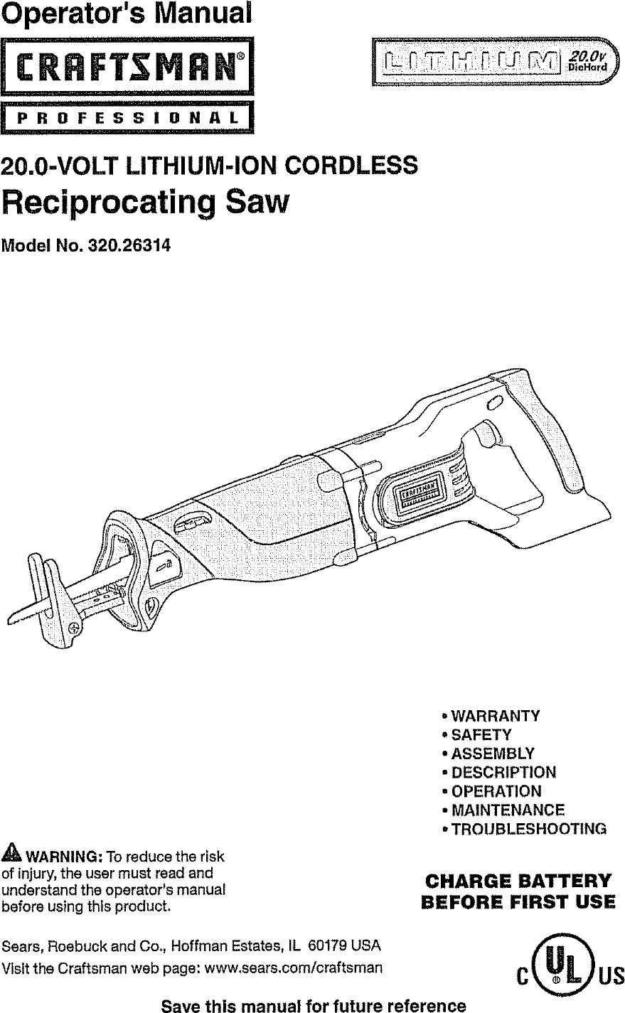 Craftsman 32026314 User Manual RECIP SAW Manuals And Guides L0803163
