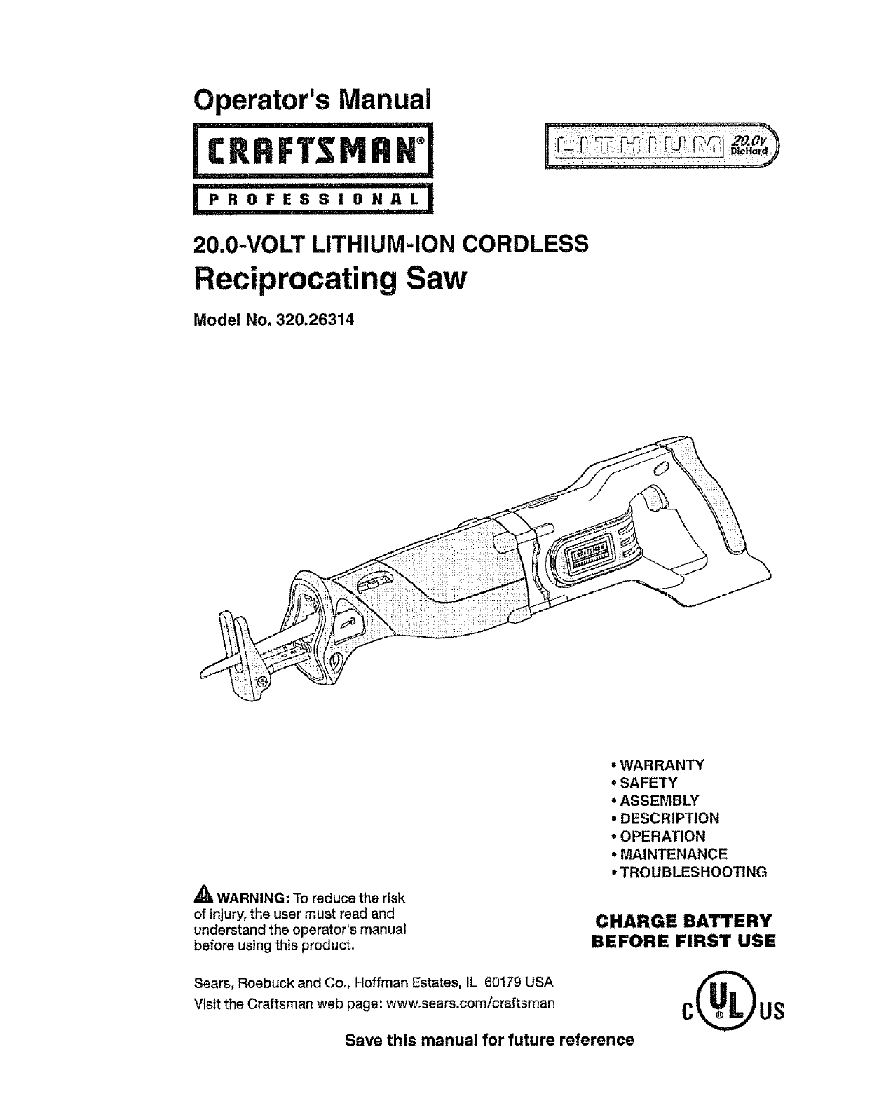 Craftsman 32026314 User Manual RECIP SAW Manuals And Guides L0803163