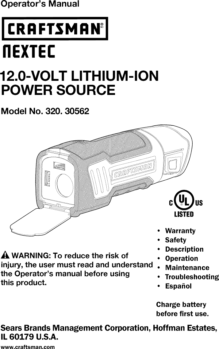 Page 1 of 12 - Craftsman 32030562 1207053L User Manual  BATTERY CHARGER - Manuals And Guides