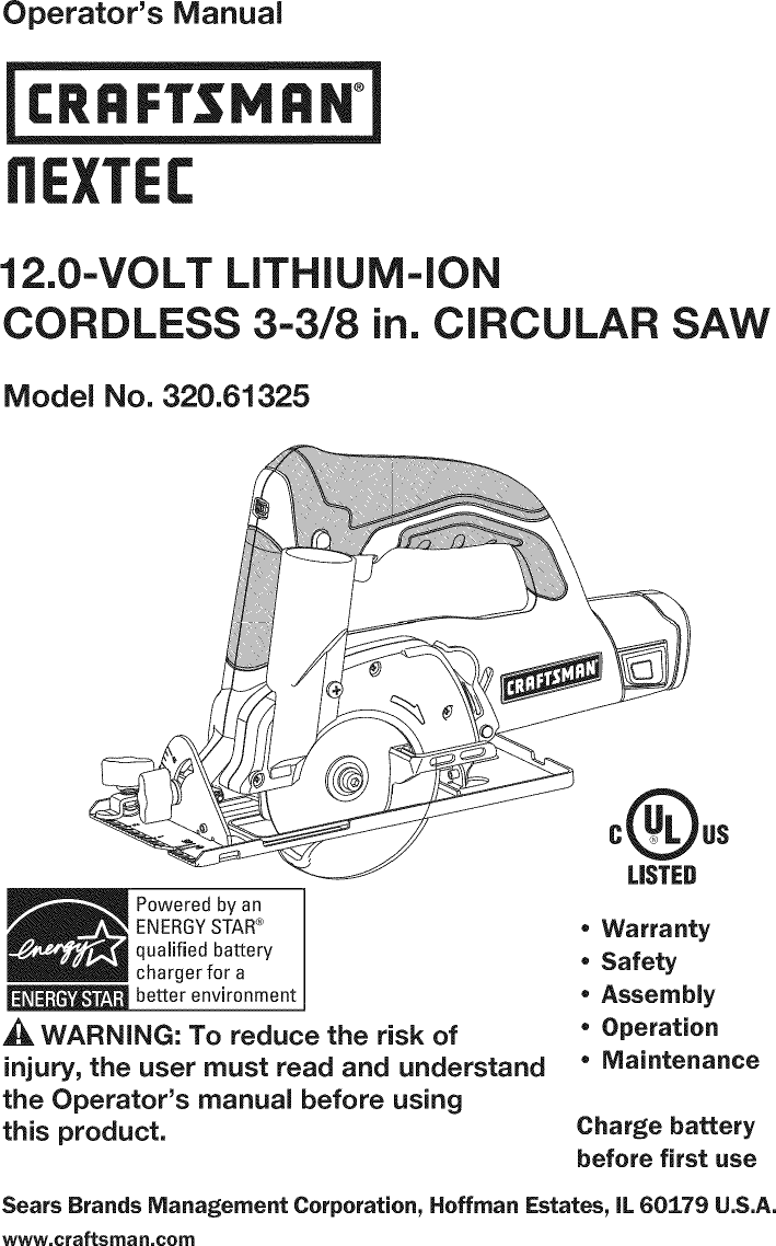 Craftsman 32061325 User Manual SAW CIRCULAR Manuals And Guides 1007556L