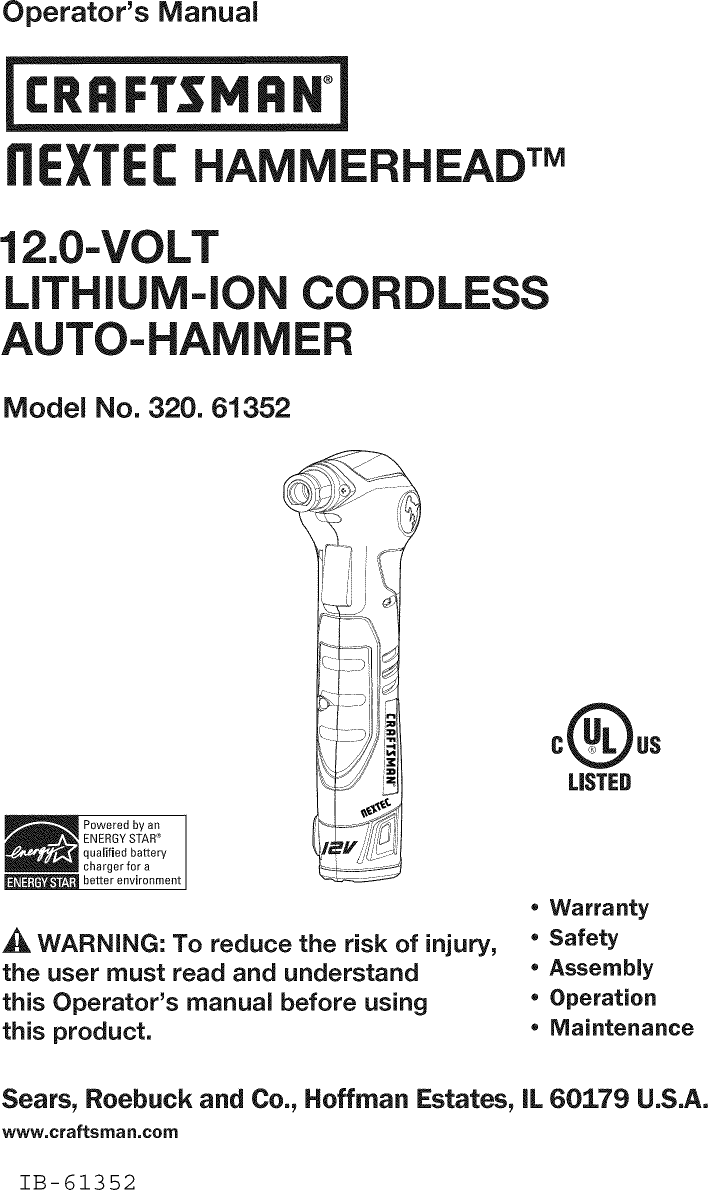 Craftsman 32061352 User Manual HAMMER Manuals And Guides L0907106