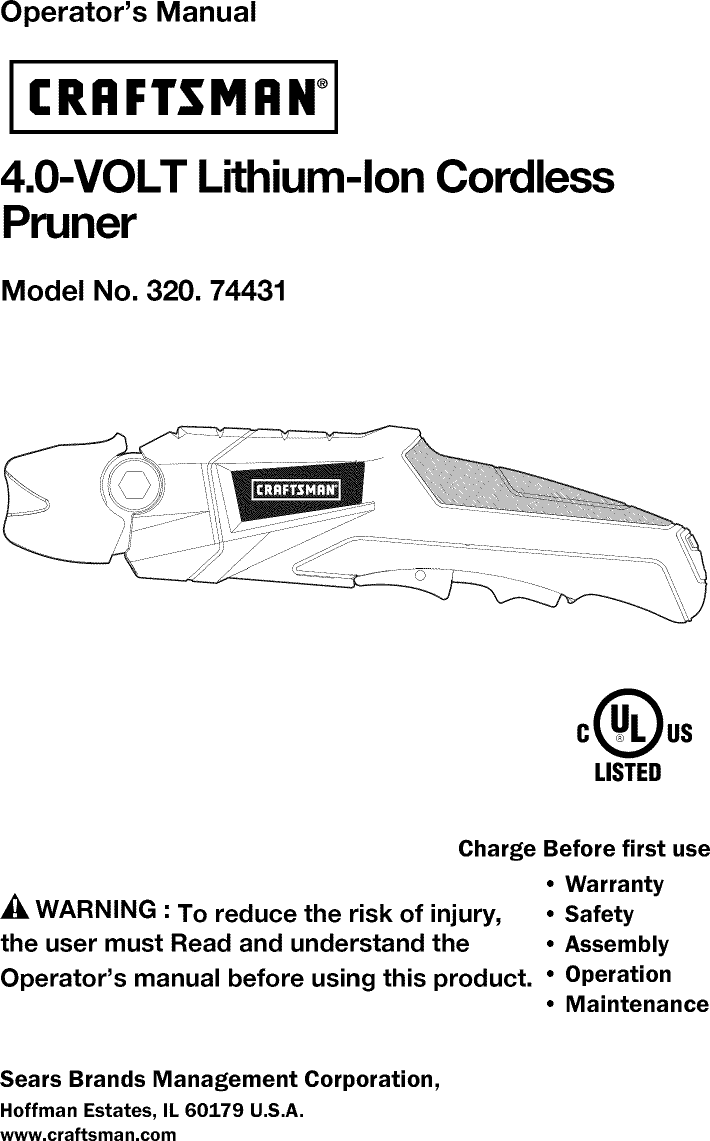 Craftsman 32074431 User Manual CORDLESS PRUNER Manuals And Guides L1005555