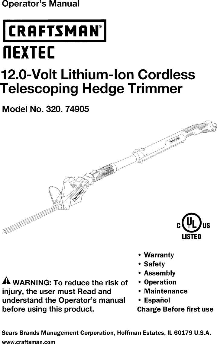 Craftsman 32074905 1107276L User Manual HEDGE TRIMMER Manuals And Guides