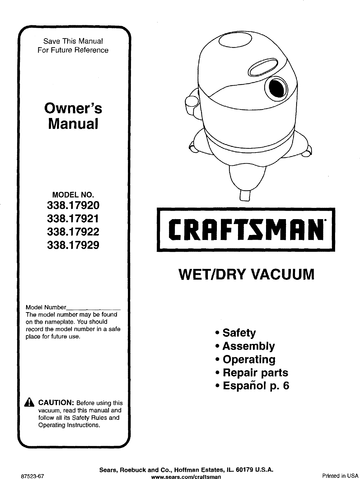 Page 1 of 11 - Craftsman 338179200 User Manual  WET/DRY VACUUM - Manuals And Guides L0709255