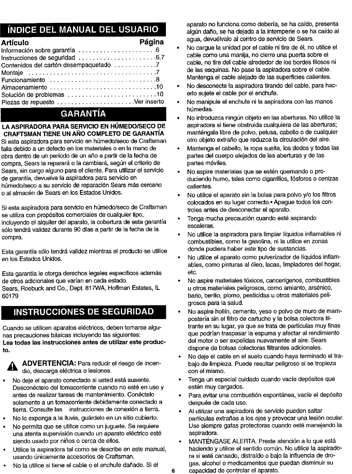 Page 6 of 11 - Craftsman 338179200 User Manual  WET/DRY VACUUM - Manuals And Guides L0709255