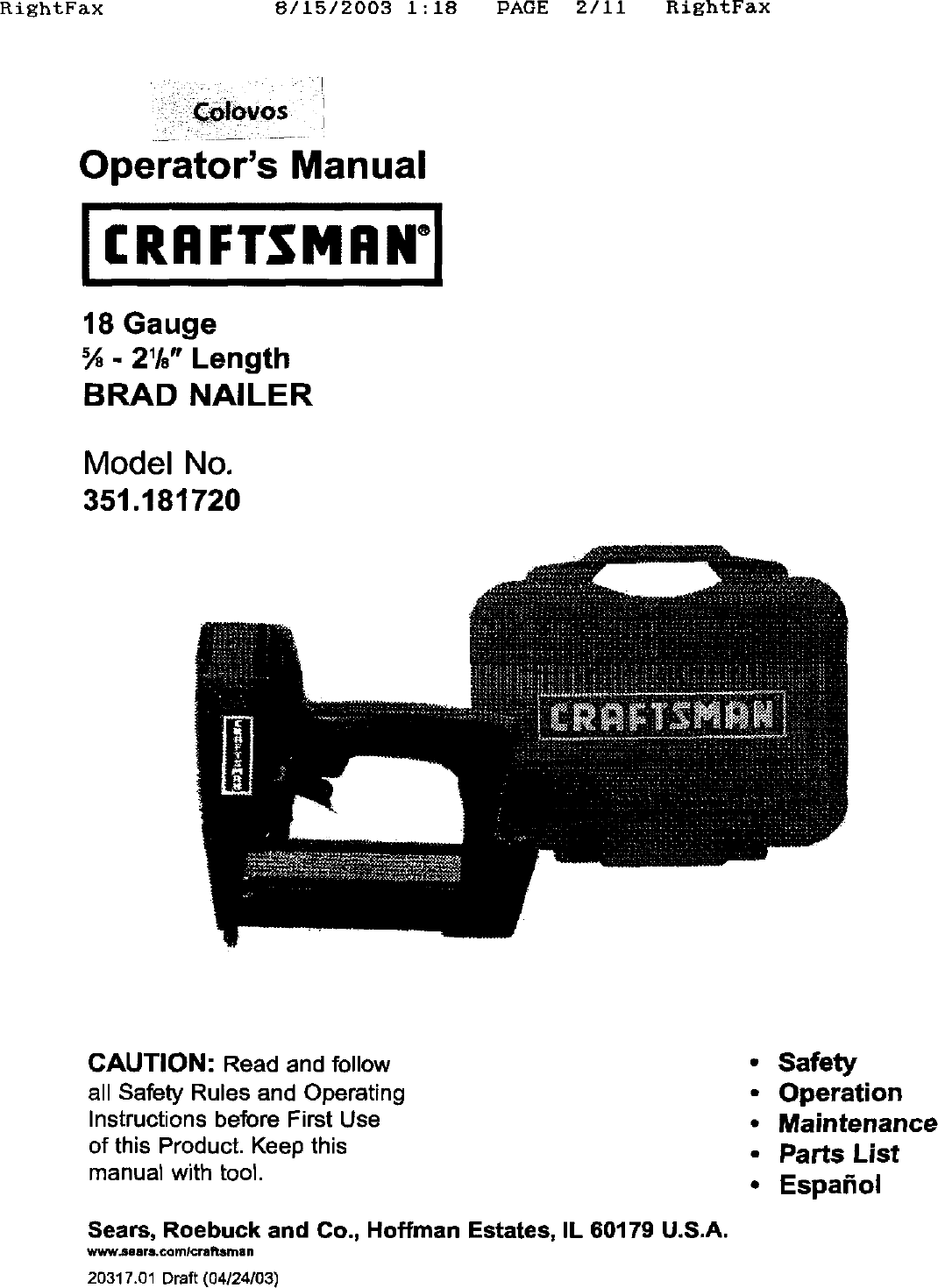 Page 1 of 10 - Craftsman 351181720 User Manual  NAILER - Manuals And Guides L0308386