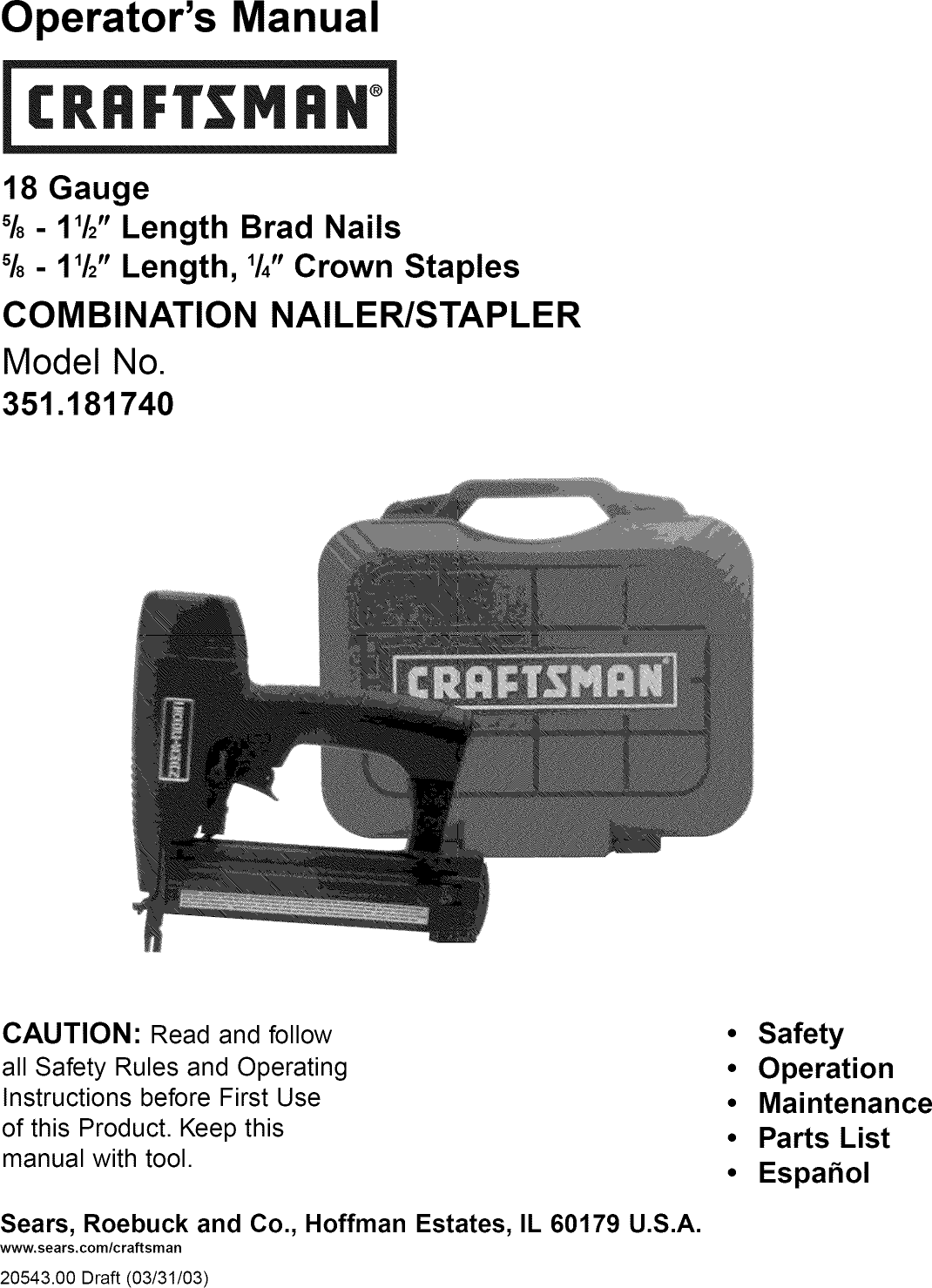 Craftsman 18 Gauge Brad Nailer Manual