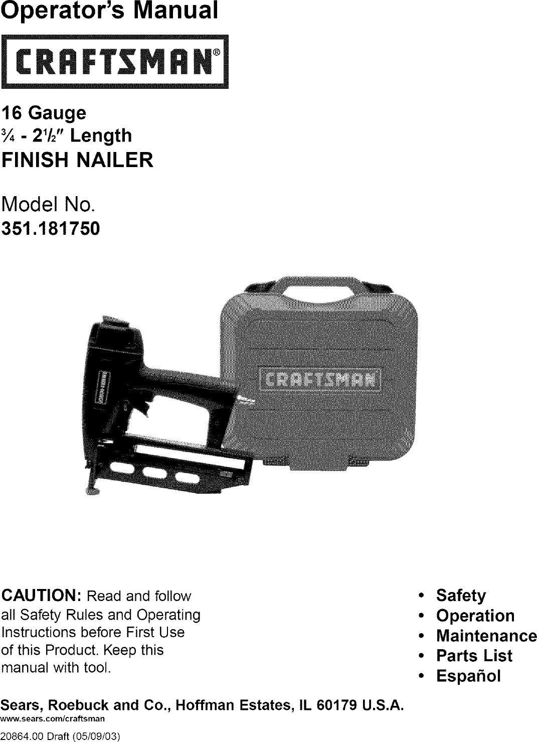 Craftsman 351181750 User Manual NAILER Manuals And Guides L0802707