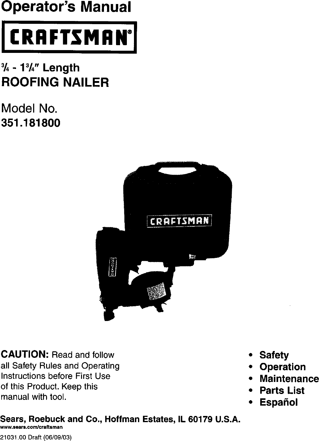 Craftsman 351181800 User Manual NAILER Manuals And Guides L0312265