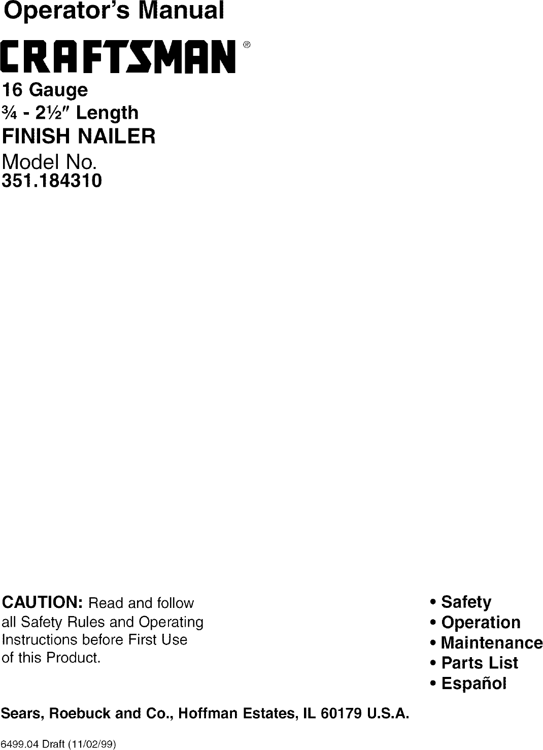 Page 1 of 12 - Craftsman 351184310 User Manual  FINISH NAILER - Manuals And Guides LR708015