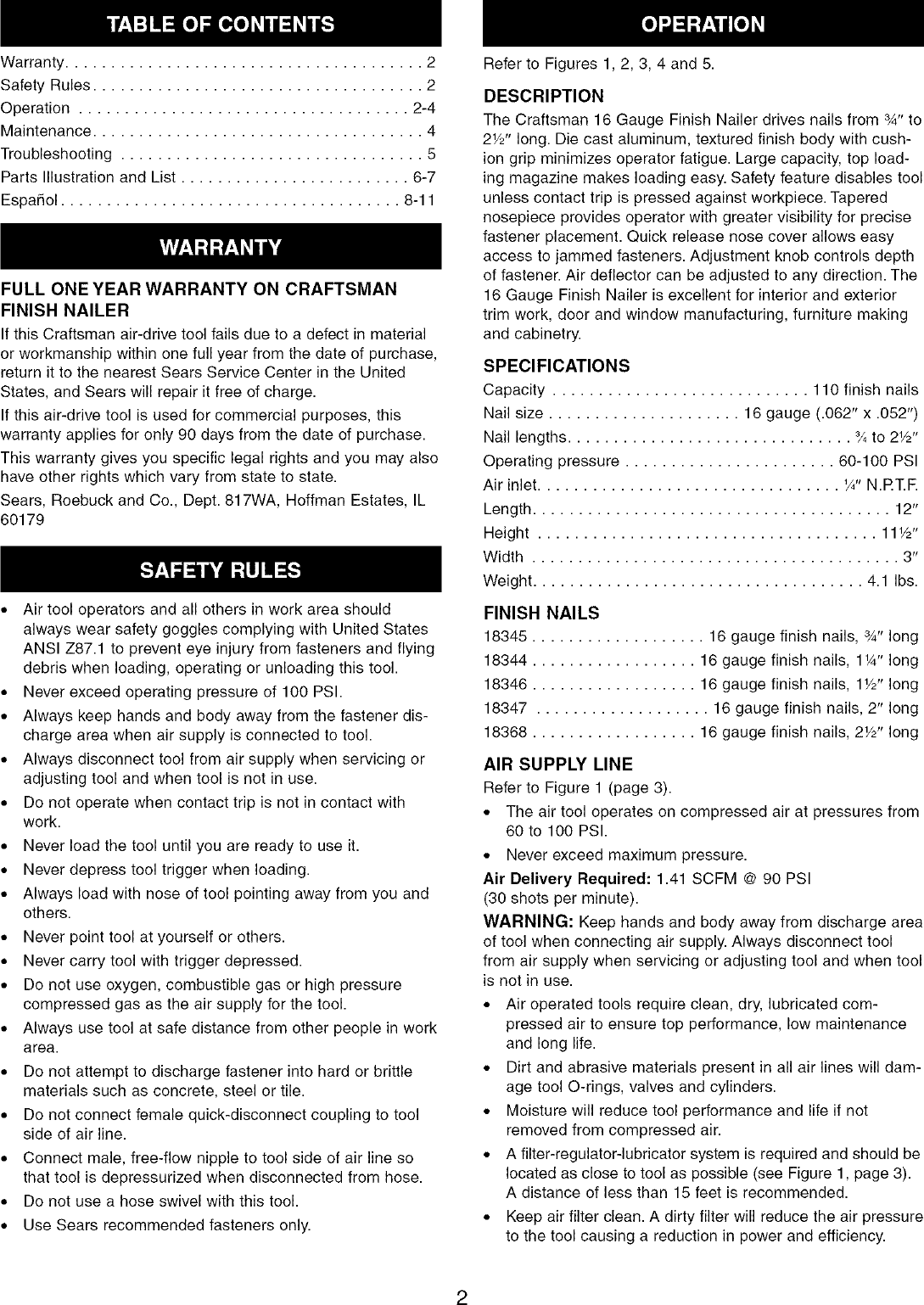 Page 2 of 12 - Craftsman 351184310 User Manual  FINISH NAILER - Manuals And Guides LR708015
